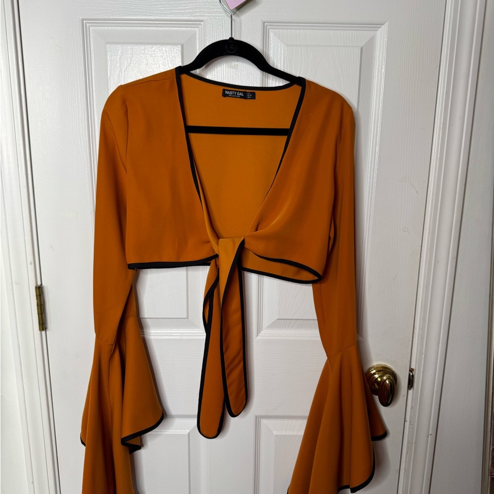 Nasty Gal Mustard Bell Sleeve Tie-Front Blouse